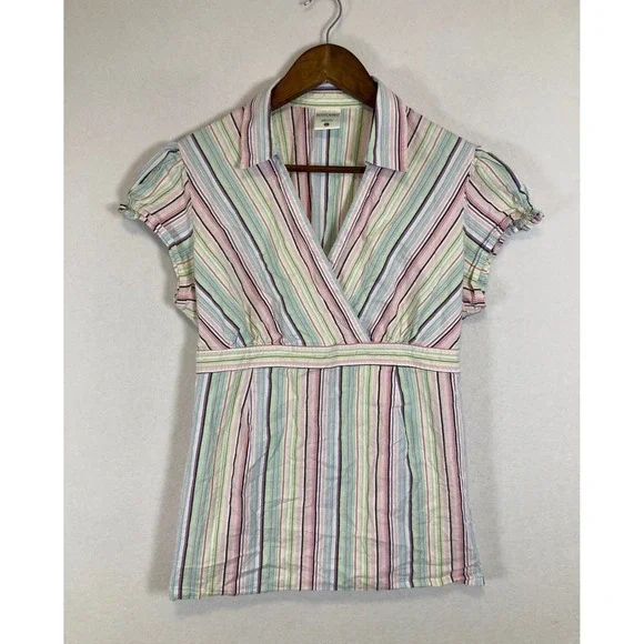 Pastel Preppy Motherhood Maternity Women Large Multi Color Striped Wrap Top - Picture 1 of 9